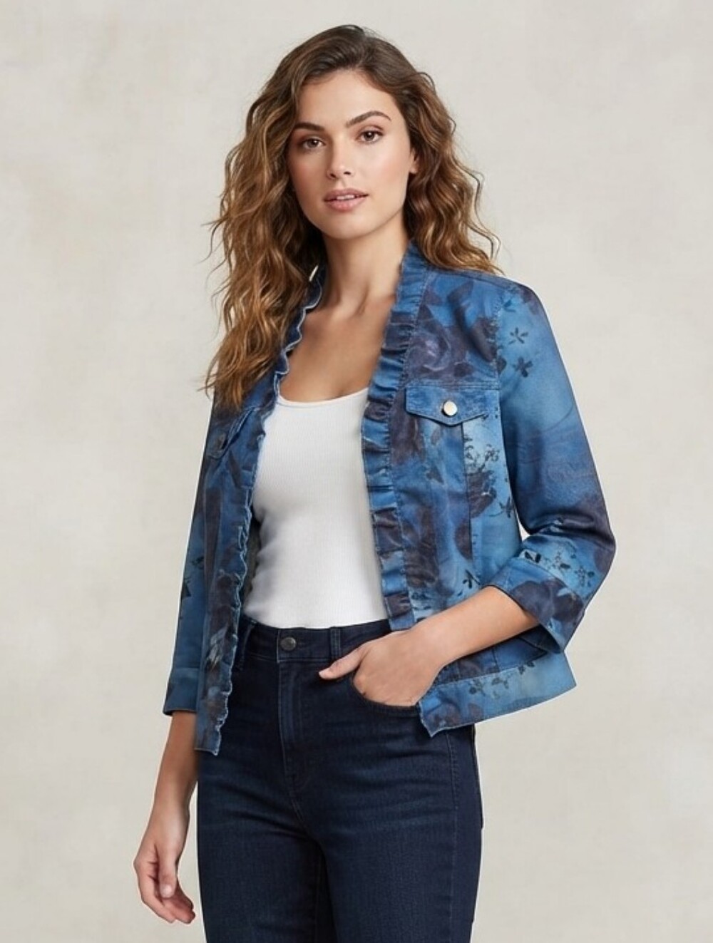 Women’s Ruffled Open-Front Blue Skinny Jacket Size M